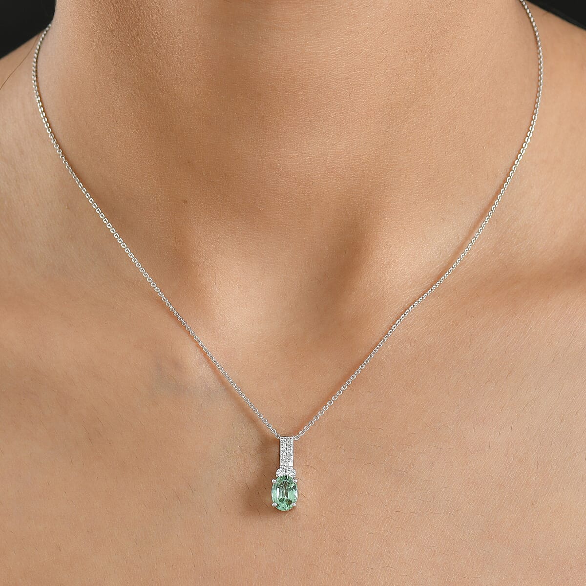 Premium Mint Tourmaline and Luxuriant Lab Grown Diamond G-H SI 1.25 ctw Pendant Necklace in Rhodium Over Sterling Silver 20 Inches image number 2