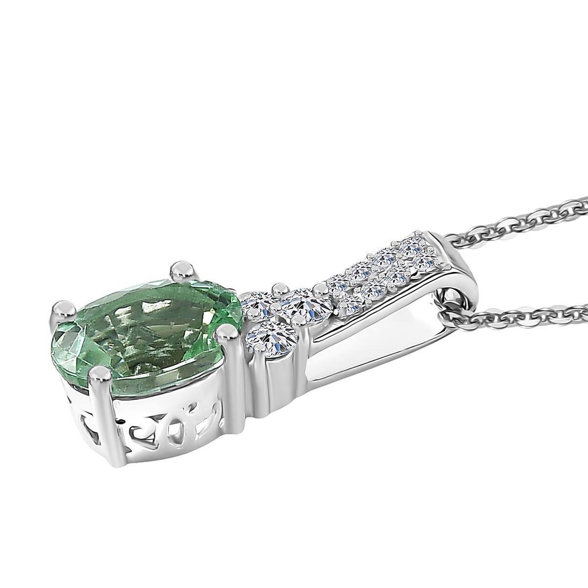 Premium Mint Tourmaline and Luxuriant Lab Grown Diamond G-H SI 1.25 ctw Pendant Necklace in Rhodium Over Sterling Silver 20 Inches image number 3