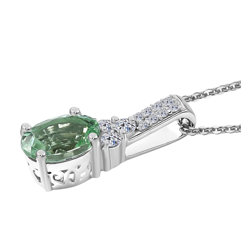 Premium Arquiana Mint Tourmaline and Luxuriant Lab Grown Diamond G-H SI 1.25 ctw Mint Deco Pendant Necklace in Rhodium Over Sterling Silver 20 Inches
