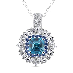 D'Joy Asscher Cut Cambodian Blue Zircon and Multi Gemstone 4.50 ctw Art Deco Pendant Necklace in Rhodium Over Sterling Silver 20 Inches
