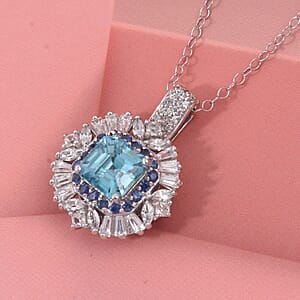 D'Joy Asscher Cut Cambodian Blue Zircon and Multi Gemstone 4.50 ctw Art Deco Pendant Necklace in Rhodium Over Sterling Silver 20 Inches (Del. in 5-7 Days)