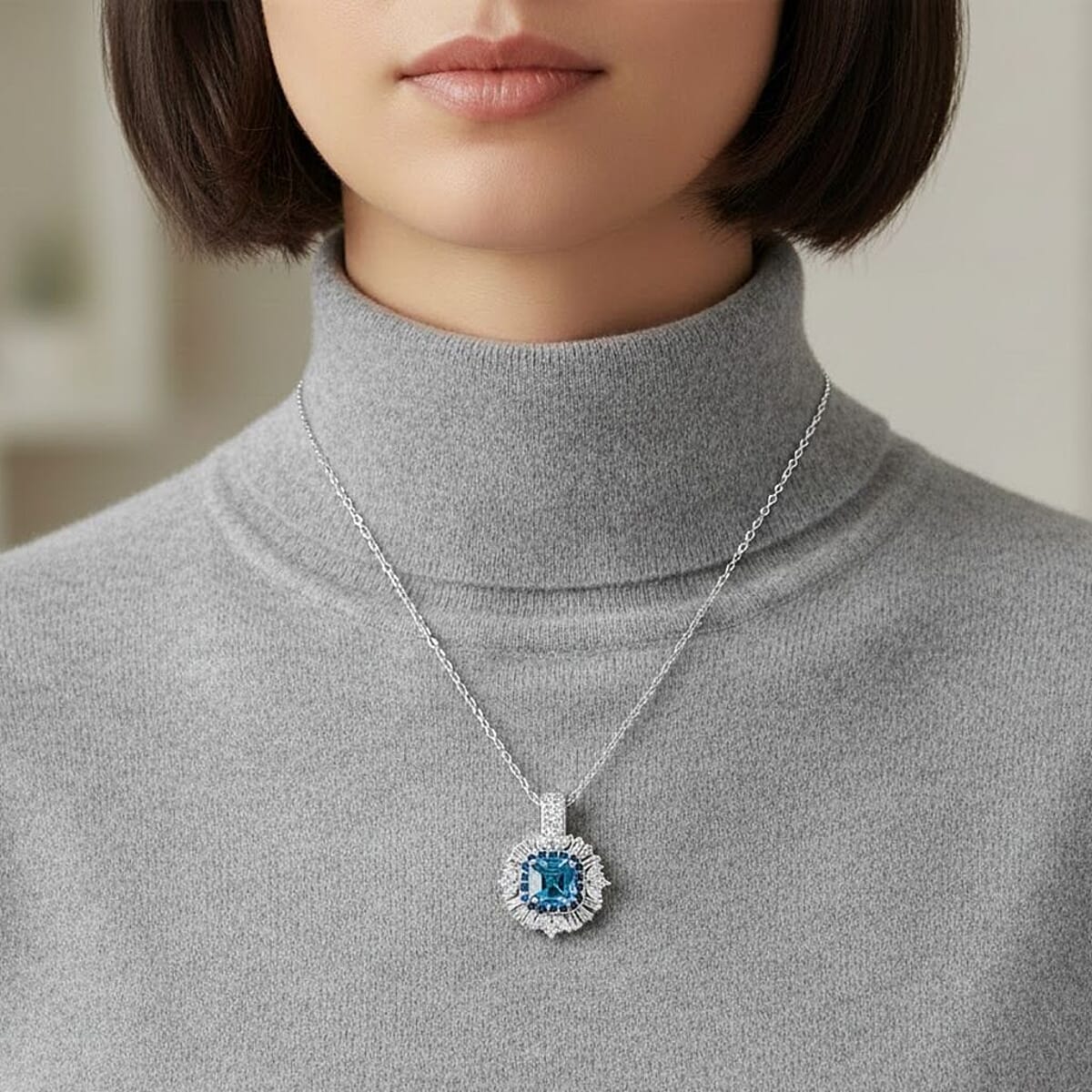 D'Joy Asscher Cut Cambodian Blue Zircon and Multi Gemstone 4.50 ctw Art Deco Pendant Necklace in Rhodium Over Sterling Silver 20 Inches image number 2