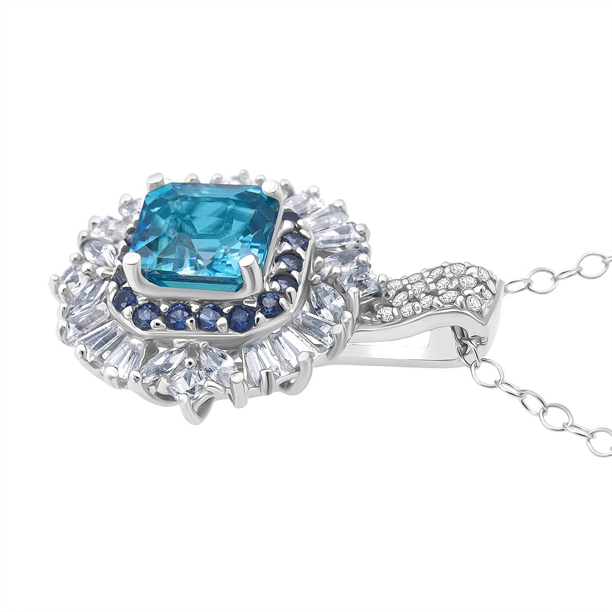 D'Joy Asscher Cut Cambodian Blue Zircon and Multi Gemstone 4.50 ctw Art Deco Pendant Necklace in Rhodium Over Sterling Silver 20 Inches image number 3