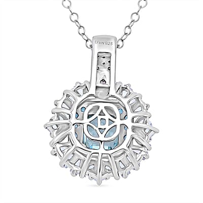 D'Joy Asscher Cut Cambodian Blue Zircon and Multi Gemstone 4.50 ctw Art Deco Pendant Necklace in Rhodium Over Sterling Silver 20 Inches