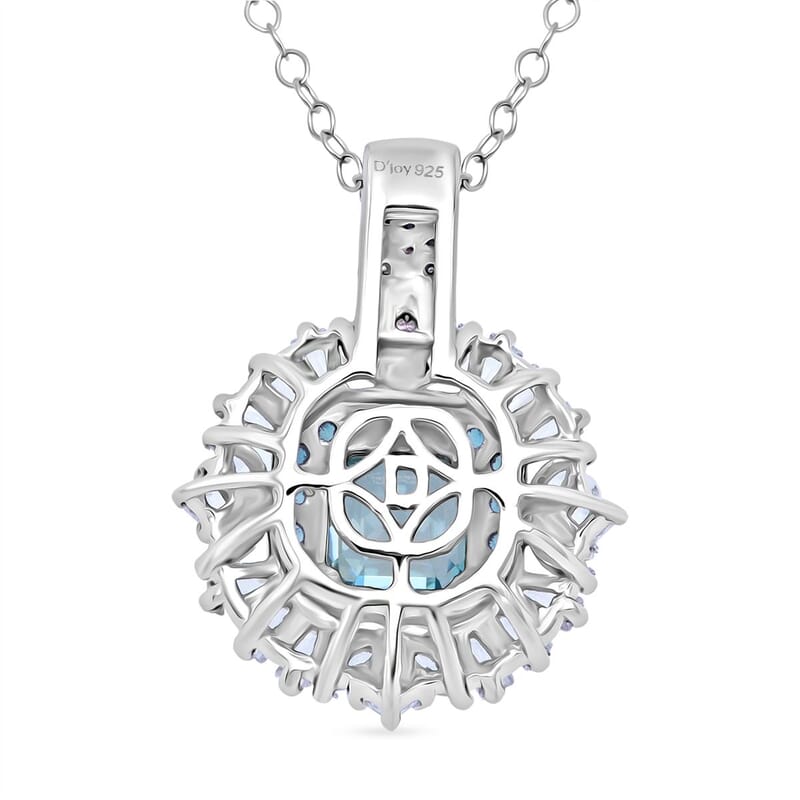 D'Joy Asscher Cut Cambodian Blue Zircon and Multi Gemstone 4.50 ctw Art Deco Pendant Necklace in Rhodium Over Sterling Silver 20 Inches