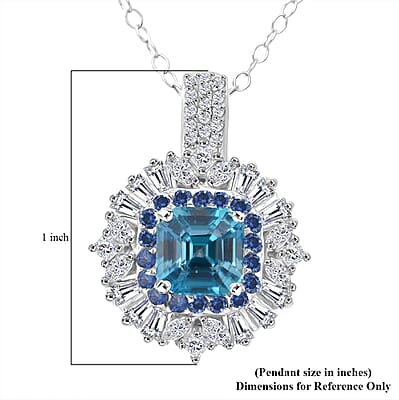 D'Joy Asscher Cut Cambodian Blue Zircon and Multi Gemstone 4.50 ctw Art Deco Pendant Necklace in Rhodium Over Sterling Silver 20 Inches