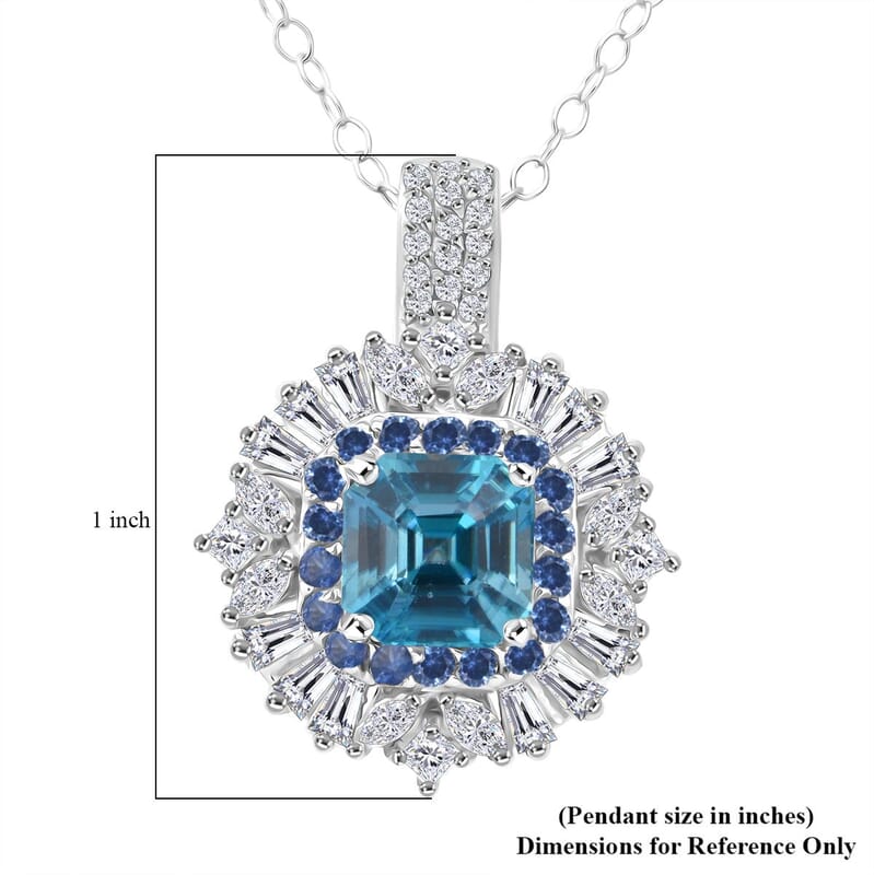 D'Joy Asscher Cut Cambodian Blue Zircon and Multi Gemstone 4.50 ctw Art Deco Pendant Necklace in Rhodium Over Sterling Silver 20 Inches