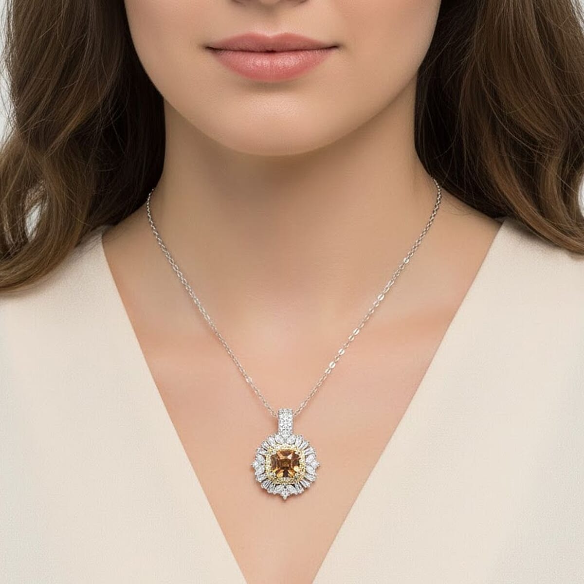 D'Joy Asscher Cut Yellow Zircon and Multi Gemstone 4.25 ctw Art Deco Pendant Necklace in Rhodium Over Sterling Silver 20 Inches image number 2