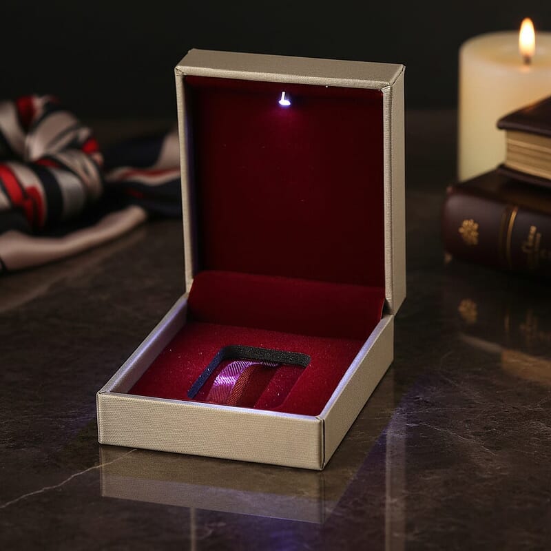 Golden Faux Leather and Rose Red Velvet LED Light Packaging Box (Fitted 10mm Sheet)