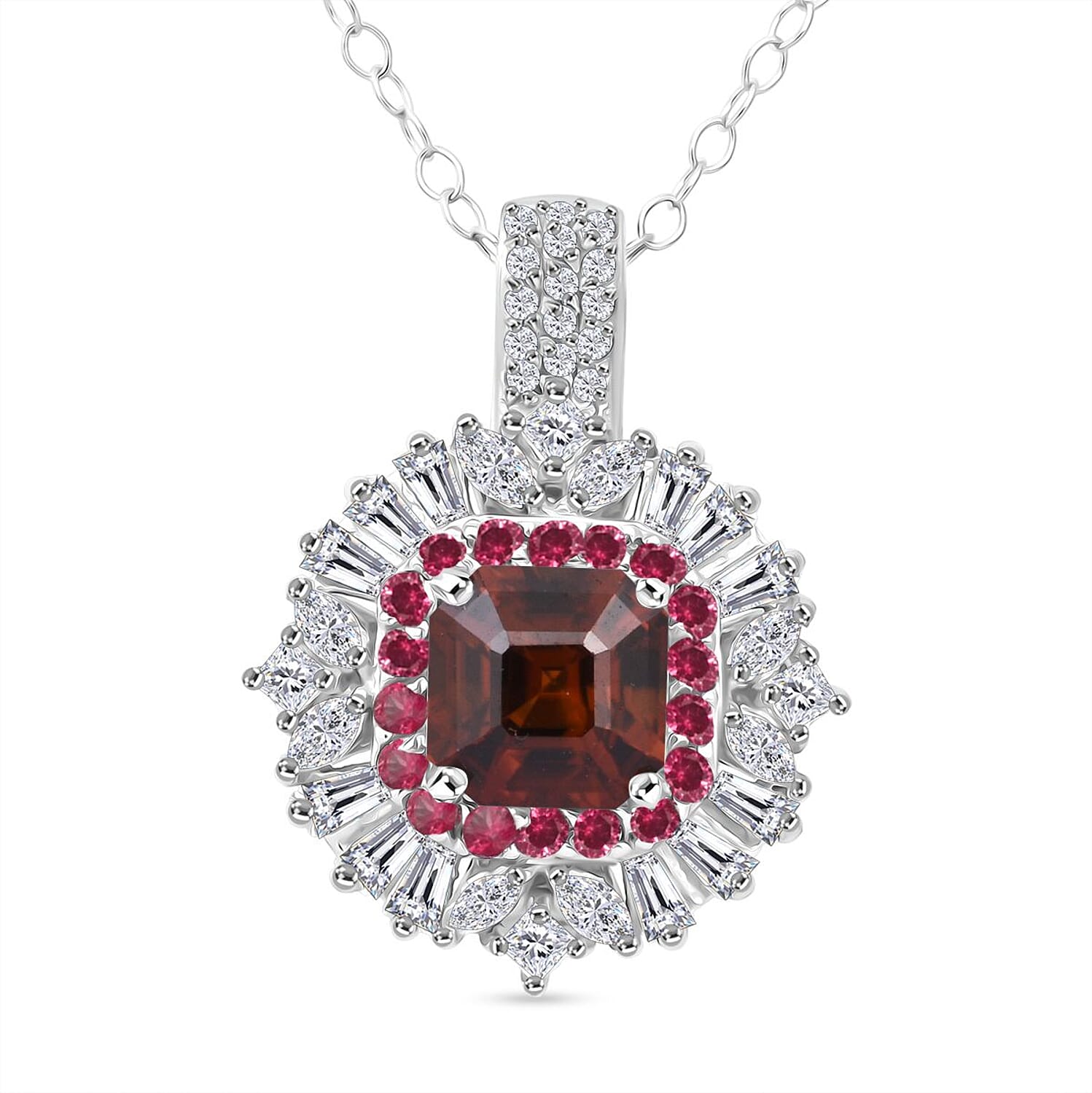 D'Joy Asscher Cut Sunset Zircon and Multi Gemstone 4.50 ctw Art Deco Pendant Necklace in Rhodium Over Sterling Silver 20 Inches