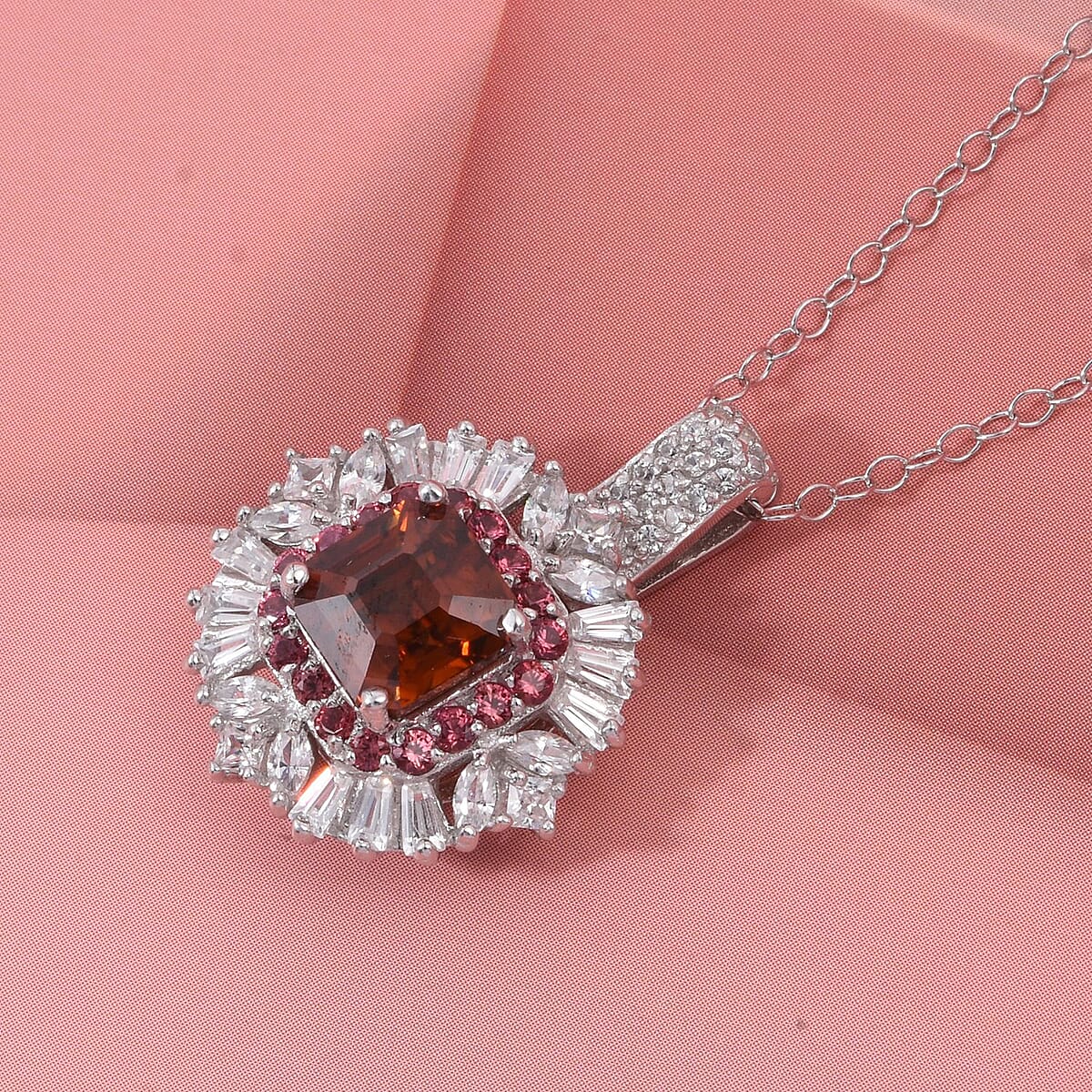 D'Joy Asscher Cut Sunset Zircon and Multi Gemstone 4.50 ctw Art Deco Pendant Necklace in Rhodium Over Sterling Silver 20 Inches image number 1