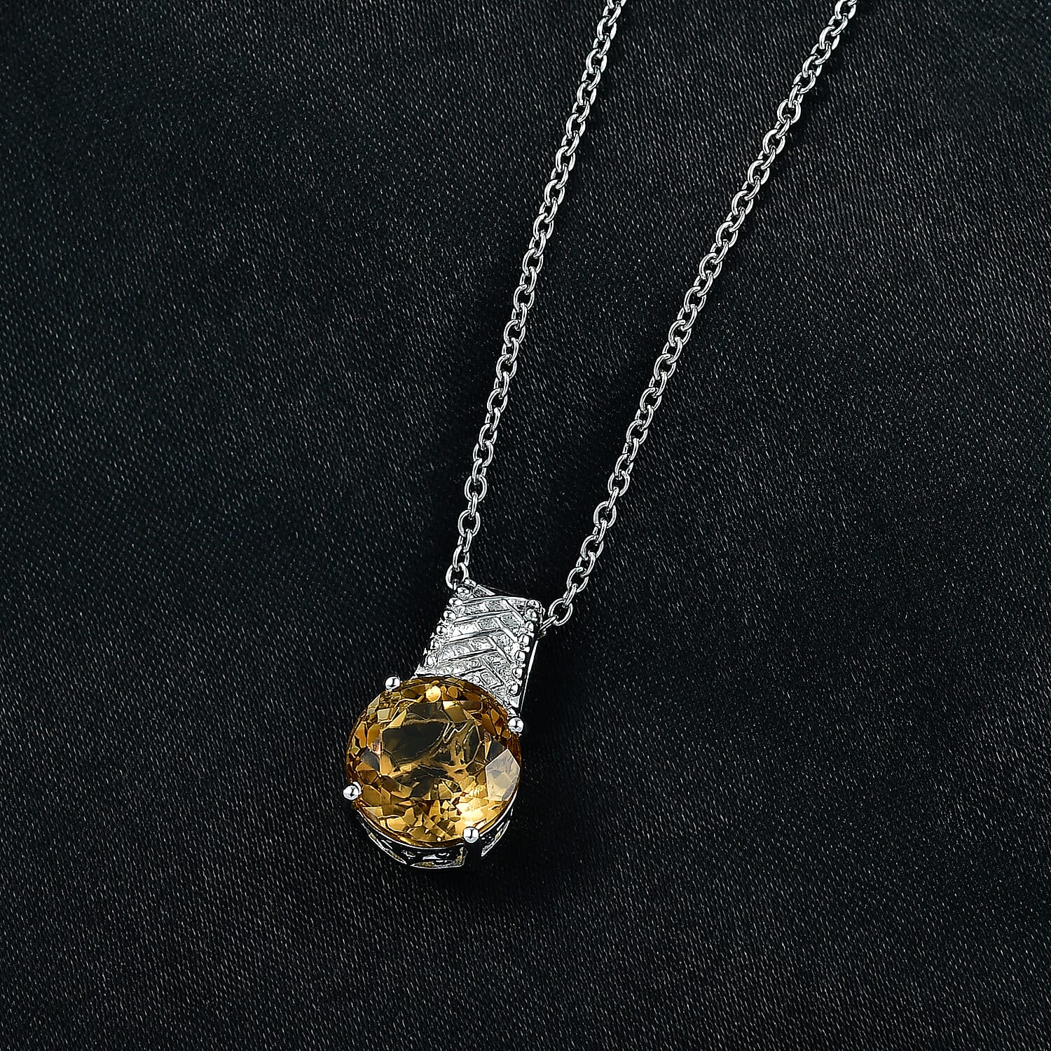 EverTrue Brazilian Citrine 4.80 ctw Whiskey Lace Pendant in Platinum Bond with Stainless Steel Necklace 20 Inches