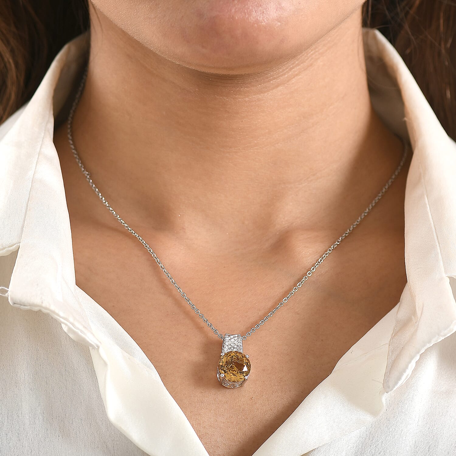 EverTrue Brazilian Citrine 4.80 ctw Whiskey Lace Pendant in Platinum Bond with Stainless Steel Necklace 20 Inches