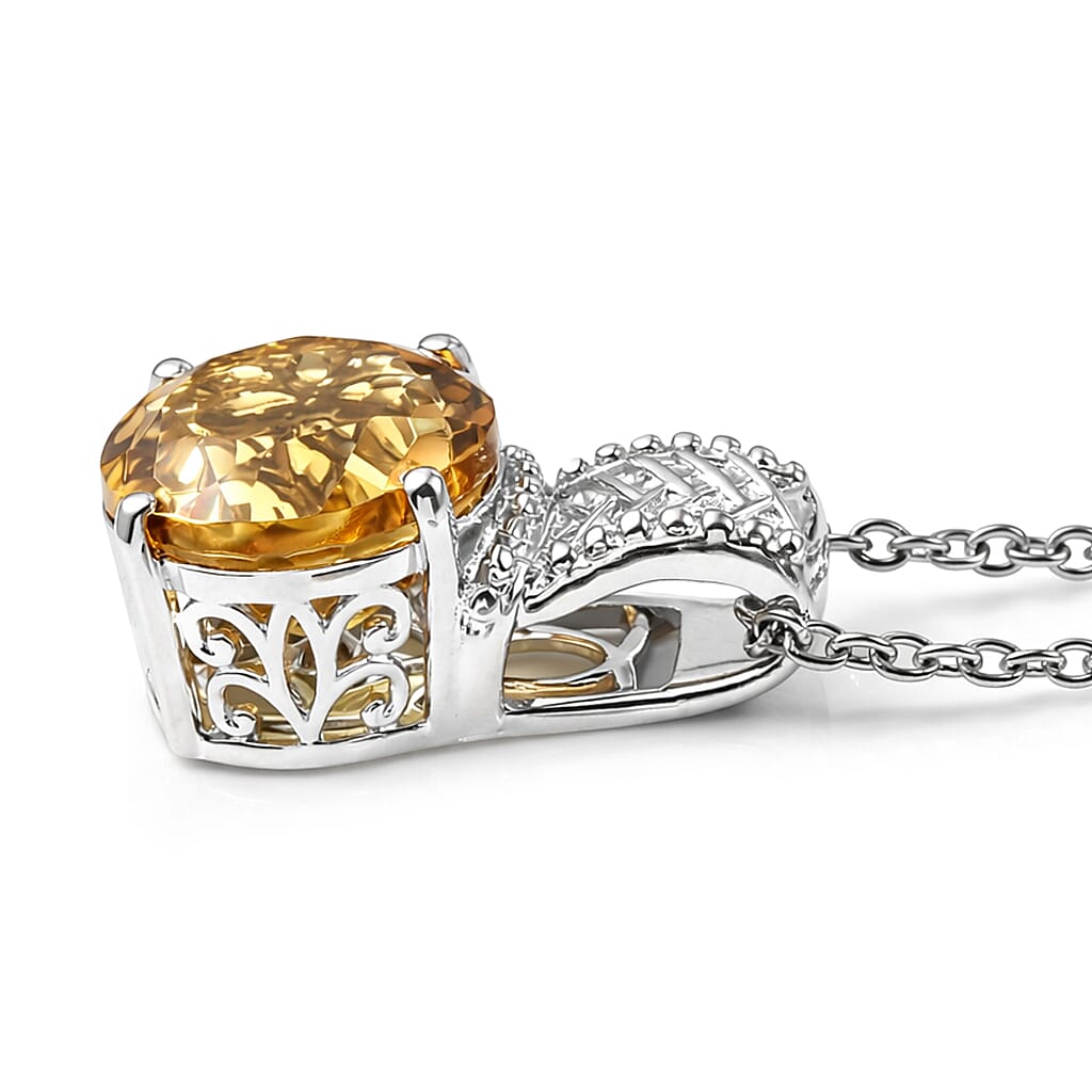 EverTrue Brazilian Citrine 4.80 ctw Whiskey Lace Pendant in Platinum Bond with Stainless Steel Necklace 20 Inches