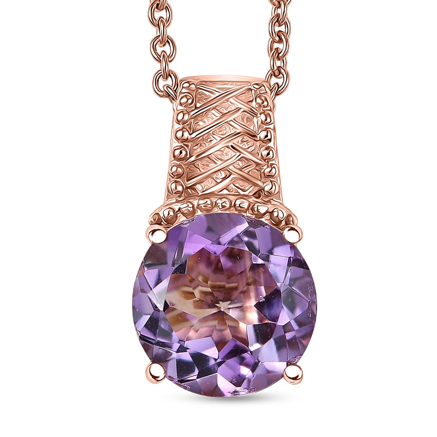 EverTrue Rose De France Amethyst 4.40 ctw Pendant in 18K RG Plated with ION Plated RG Stainless Steel Necklace 20 Inches