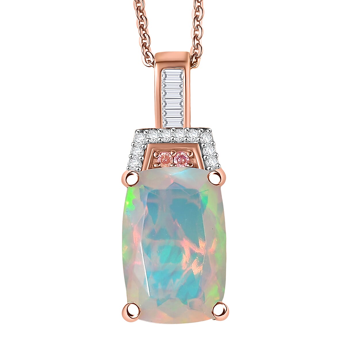 Doorbuster D'Joy Premium Ethiopian Welo Opal, Natural Pink and White Diamond 2.35 ctw Art Deco Pendant Necklace in 18K Vermeil Rose Gold Over Sterling Silver 20 Inches image number 0
