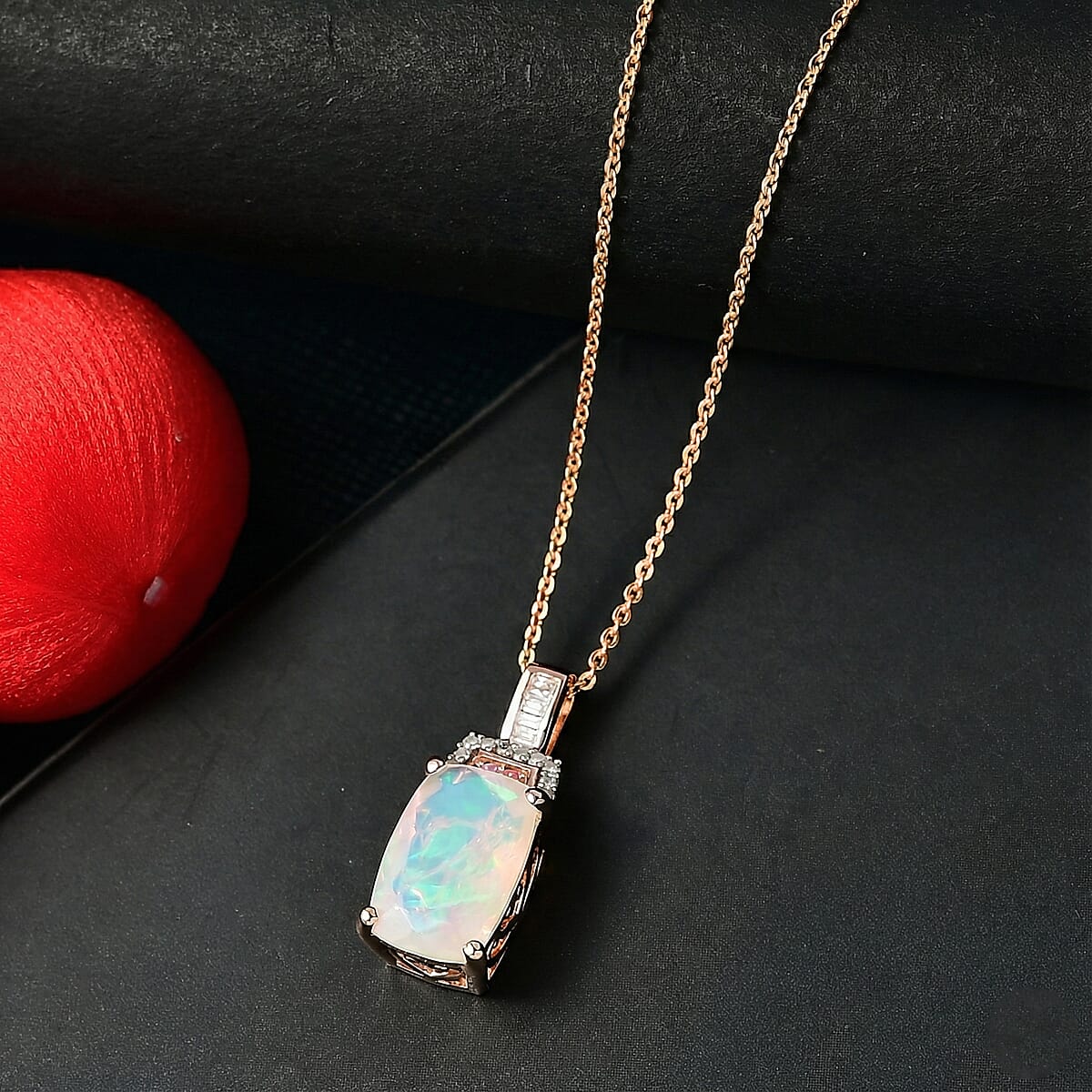 Doorbuster D'Joy Premium Ethiopian Welo Opal, Natural Pink and White Diamond 2.35 ctw Art Deco Pendant Necklace in 18K Vermeil Rose Gold Over Sterling Silver 20 Inches image number 1