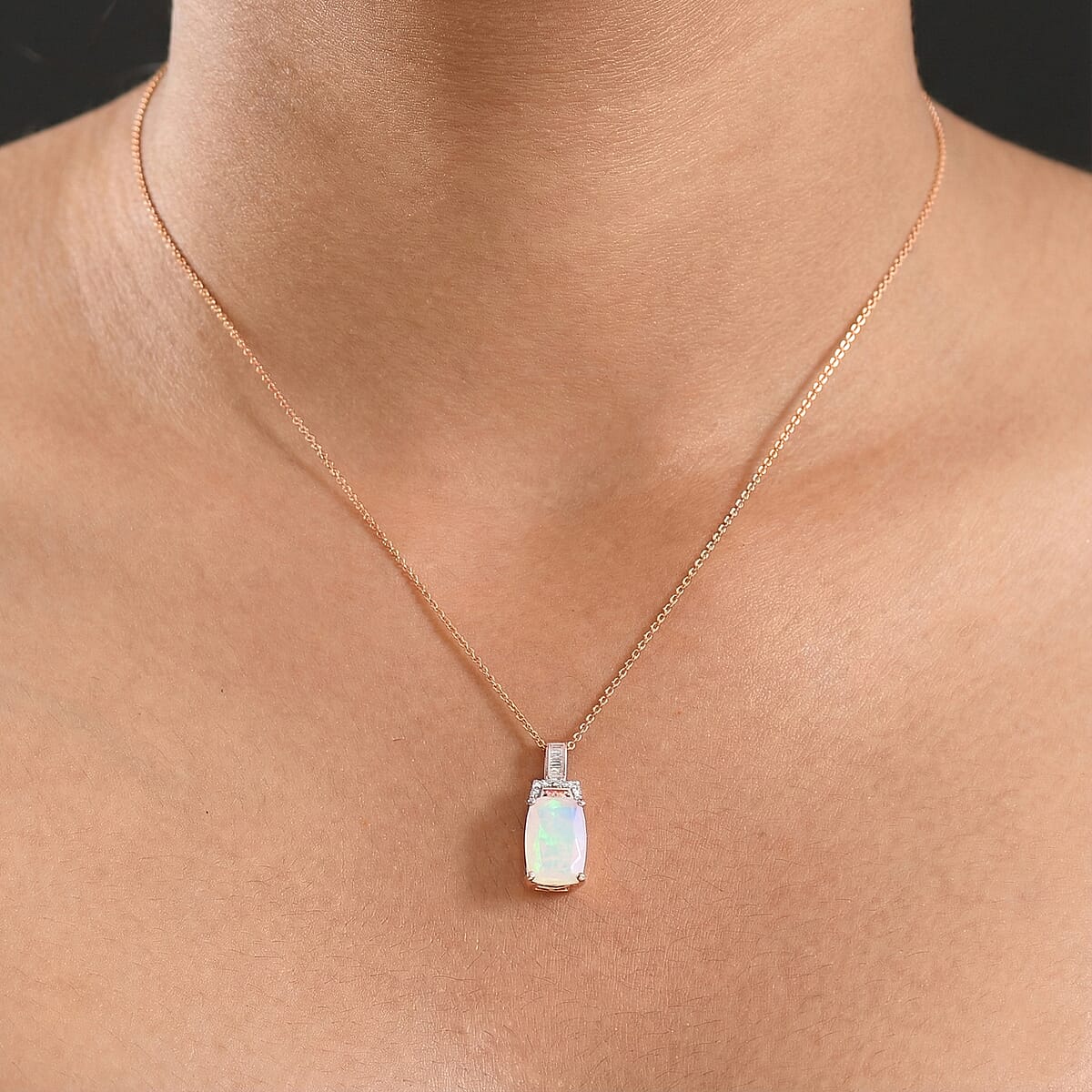 Doorbuster D'Joy Premium Ethiopian Welo Opal, Natural Pink and White Diamond 2.35 ctw Art Deco Pendant Necklace in 18K Vermeil Rose Gold Over Sterling Silver 20 Inches image number 2