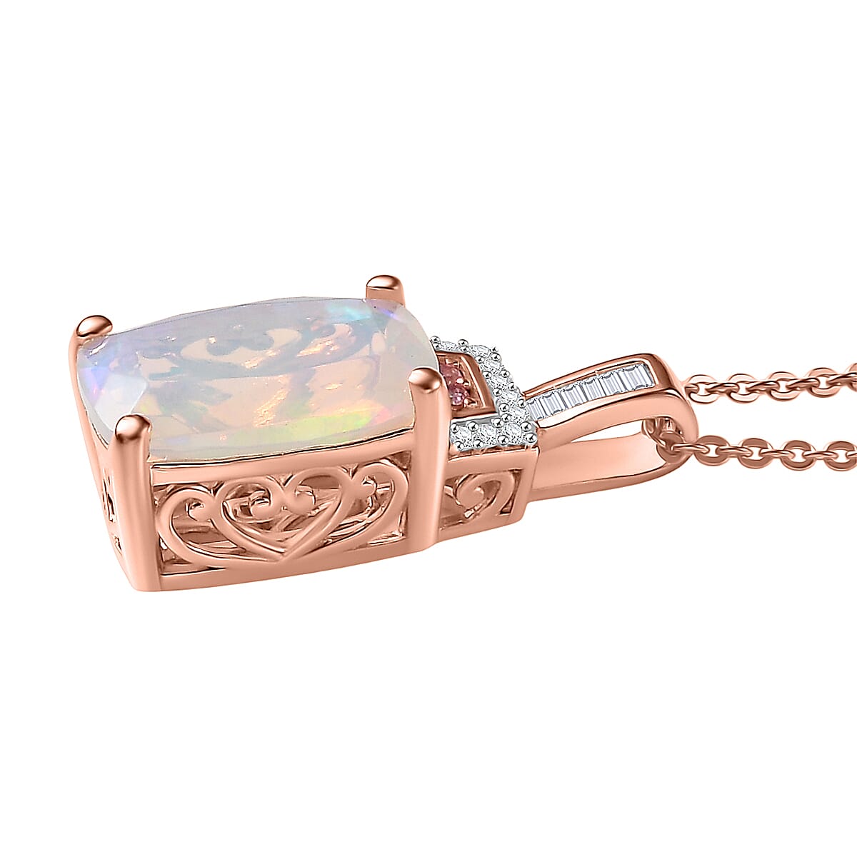 Doorbuster D'Joy Premium Ethiopian Welo Opal, Natural Pink and White Diamond 2.35 ctw Art Deco Pendant Necklace in 18K Vermeil Rose Gold Over Sterling Silver 20 Inches image number 3