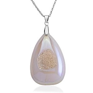 White Aurora Borealis color Druzy Quartz 70.00 ctw Pendant in Silvertone with Stainless Steel Necklace 20-22 Inches