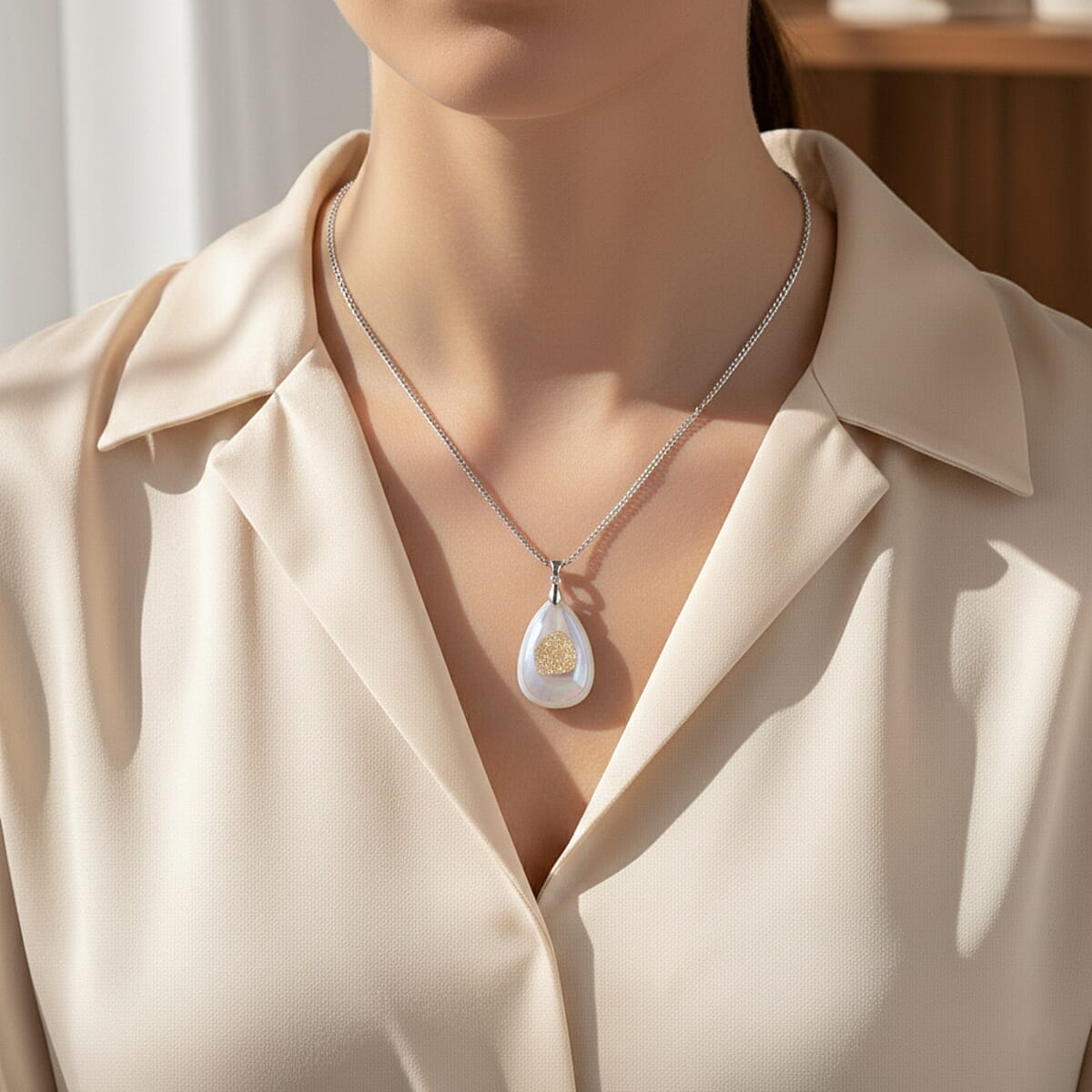 White Aurora Borealis color Druzy Quartz Pendant in Silvertone with Stainless Steel Necklace (20-22 Inches) 70.00 ctw image number 2