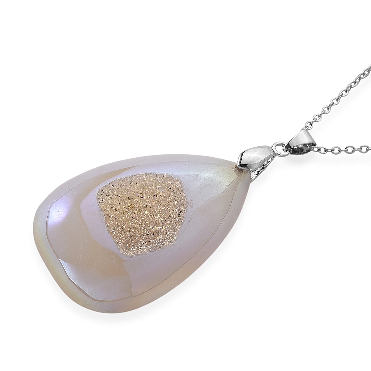 White Aurora Borealis color Druzy Quartz Pendant in Silvertone with Stainless Steel Necklace (20-22 Inches) 70.00 ctw image number 3