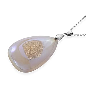 White Aurora Borealis color Druzy Quartz 70.00 ctw Pendant in Silvertone with Stainless Steel Necklace 20-22 Inches