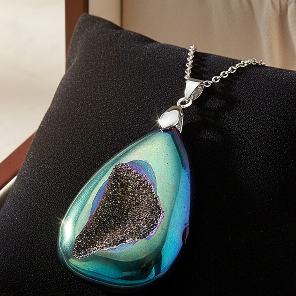 Green Mystic Druzy Quartz 70.00 ctw Pendant in Silvertone with Stainless Steel Necklace 20-22 Inches