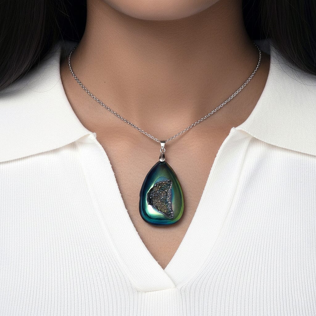 Green Mystic Druzy Quartz 70.00 ctw Pendant in Silvertone with Stainless Steel Necklace 20-22 Inches