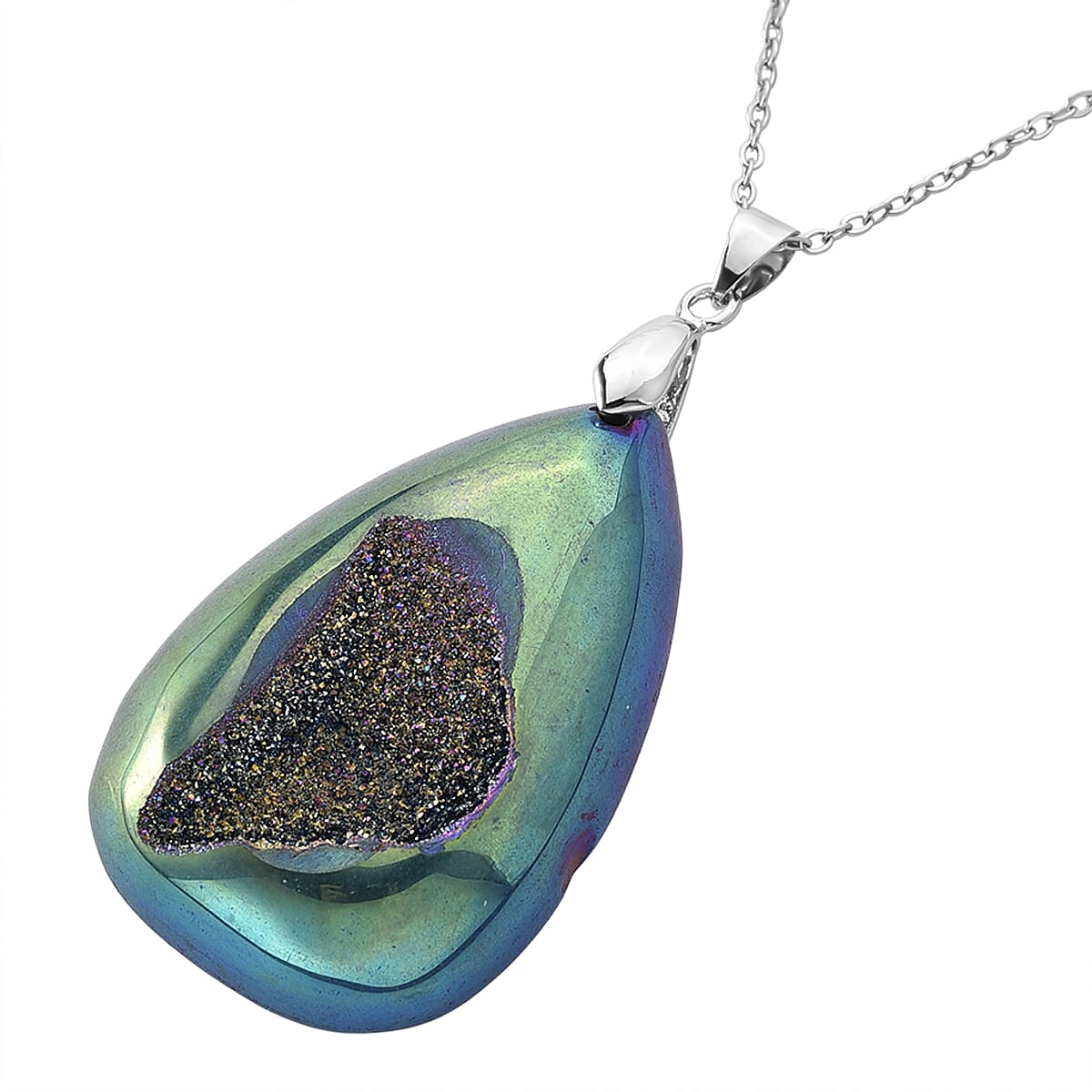 Green Mystic Druzy Quartz 70.00 ctw Pendant in Silvertone with Stainless Steel Necklace 20-22 Inches