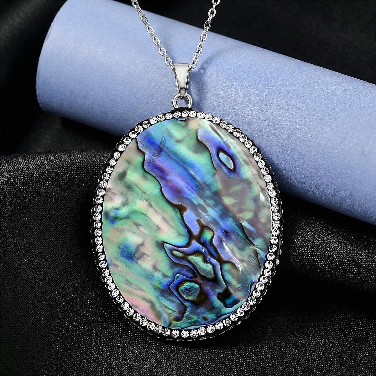 Abalone Shell and Multi Gemstone Oval Pendant in Silvertone with Stainless Steel Necklace (20-22 Inches) image number 1