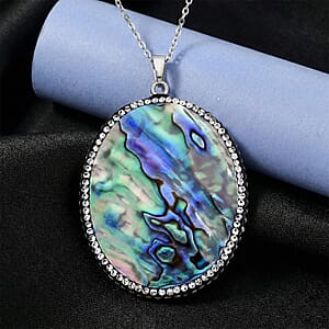 Abalone Shell and Multi Gemstone Oval Pendant in Silvertone with Stainless Steel Necklace (20-22 Inches)