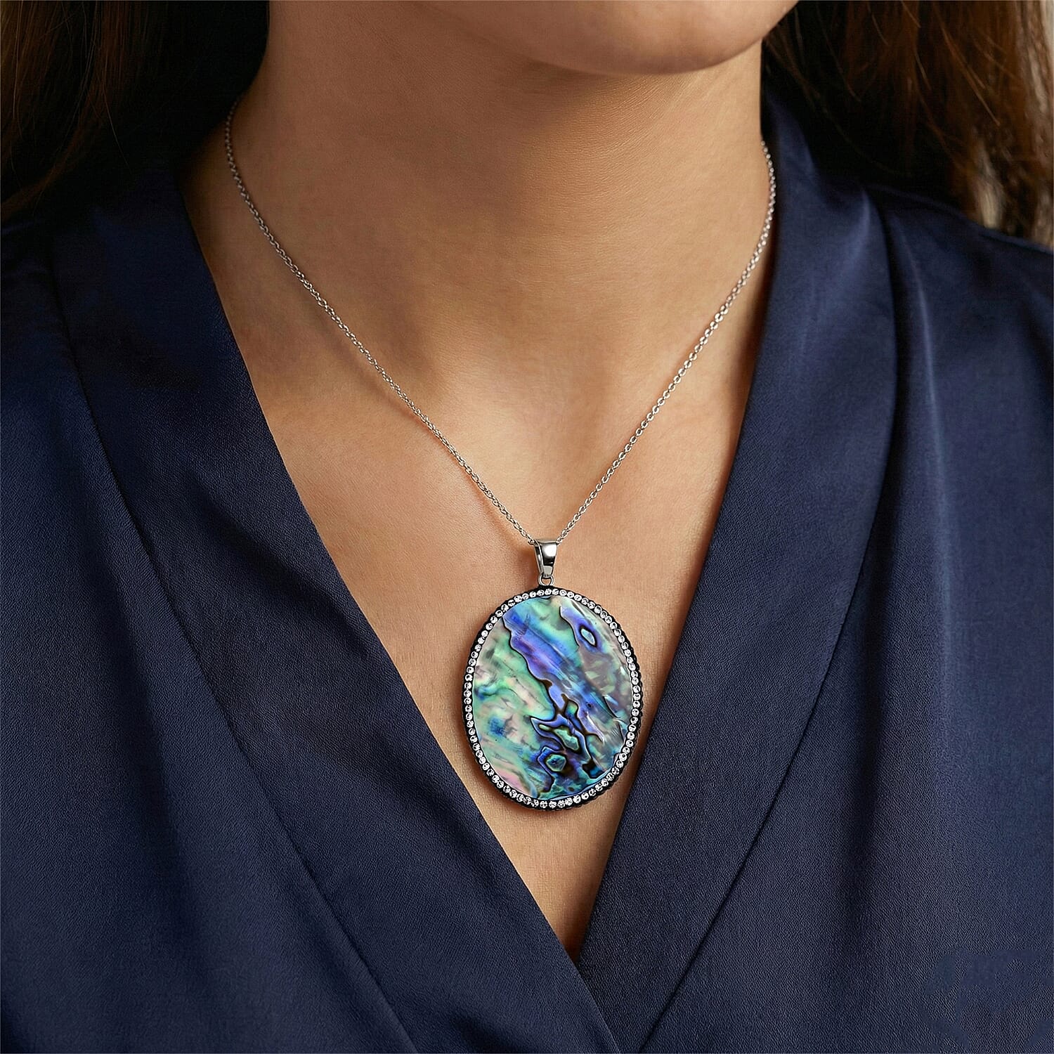 Abalone Shell and Multi Gemstone Oval Pendant in Silvertone with Stainless Steel Necklace (20-22 Inches)