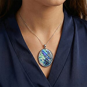 Abalone Shell and Multi Gemstone Oval Pendant in Silvertone with Stainless Steel Necklace (20-22 Inches)