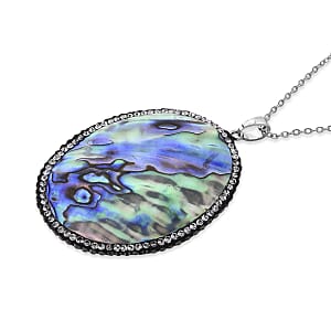 Abalone Shell and Multi Gemstone Oval Pendant in Silvertone with Stainless Steel Necklace (20-22 Inches)