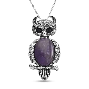 African Amethyst 13.00 ctw and Black Austrian Crystal Owl Pendant in Silvertone with Stainless Steel (20-22 Inches)