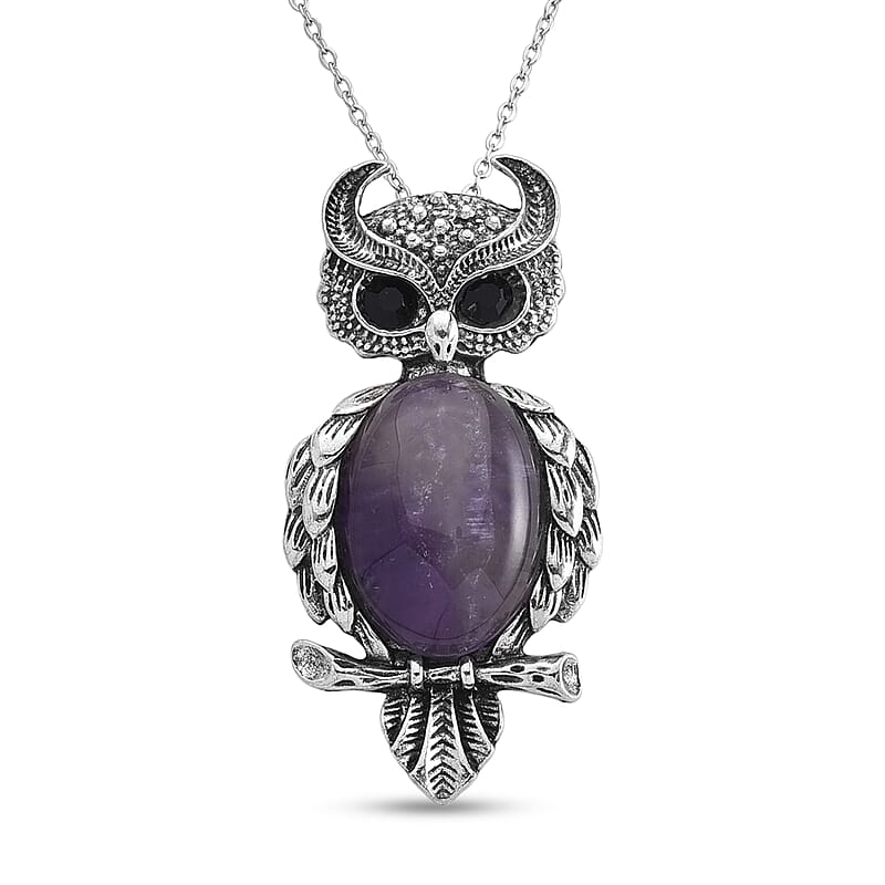 African Amethyst 13.00 ctw and Black Austrian Crystal Owl Pendant in Silvertone with Stainless Steel (20-22 Inches)
