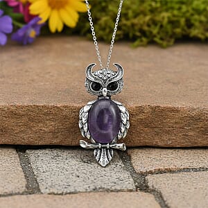 African Amethyst 13.00 ctw and Black Austrian Crystal Owl Pendant in Silvertone with Stainless Steel (20-22 Inches)