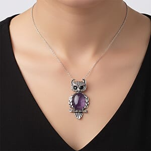 African Amethyst 13.00 ctw and Black Austrian Crystal Owl Pendant in Silvertone with Stainless Steel (20-22 Inches)