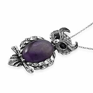 African Amethyst 13.00 ctw and Black Austrian Crystal Owl Pendant in Silvertone with Stainless Steel (20-22 Inches)
