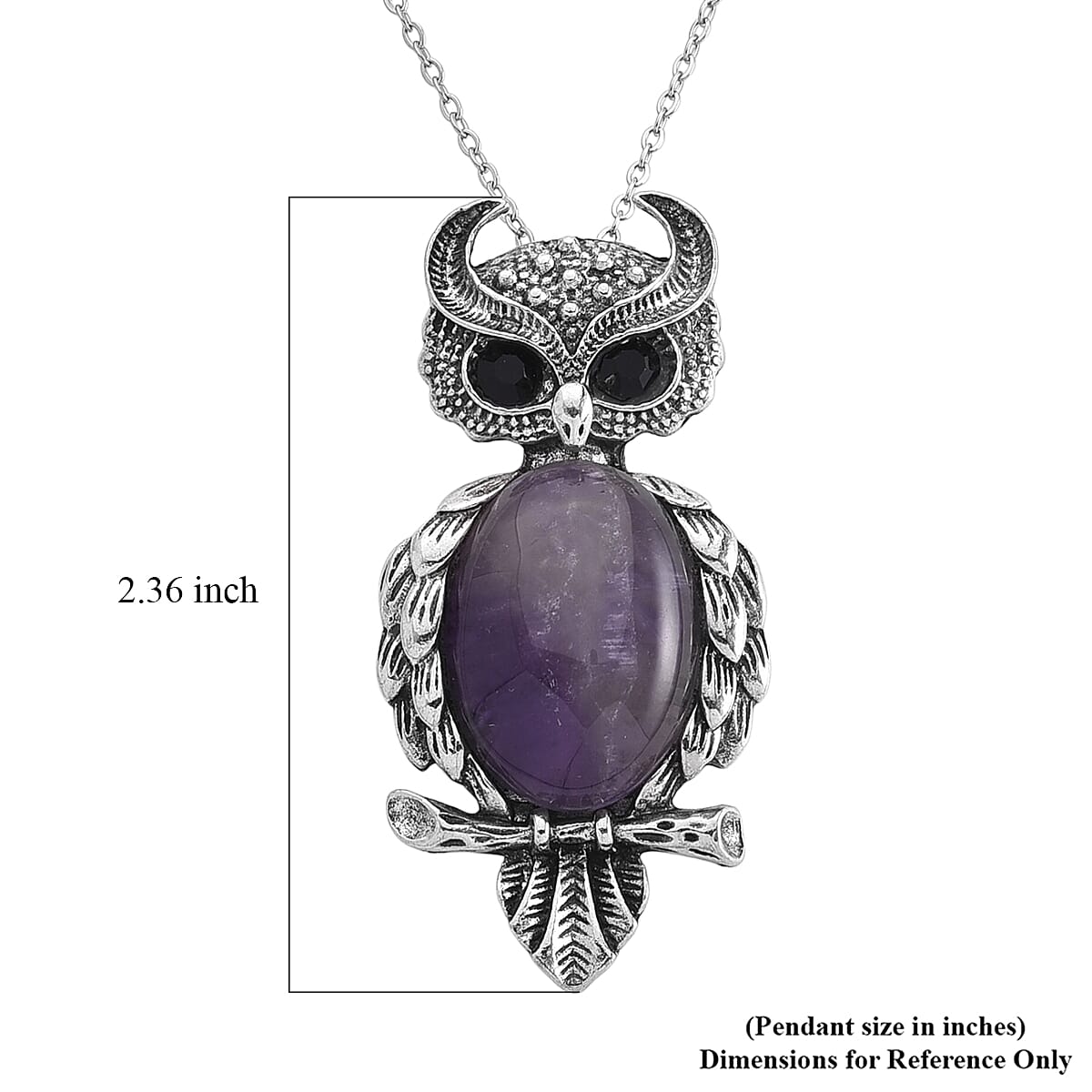 African Amethyst 13.00 ctw and Black Austrian Crystal Owl Pendant in Silvertone with Stainless Steel (20-22 Inches)