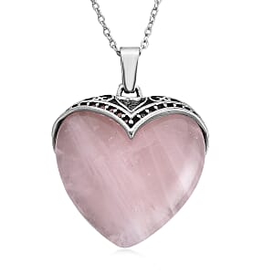 Galilea Rose Quartz 20.00 ctw Heart Pendant in Silvertone with Stainless Steel (20-22 Inches)