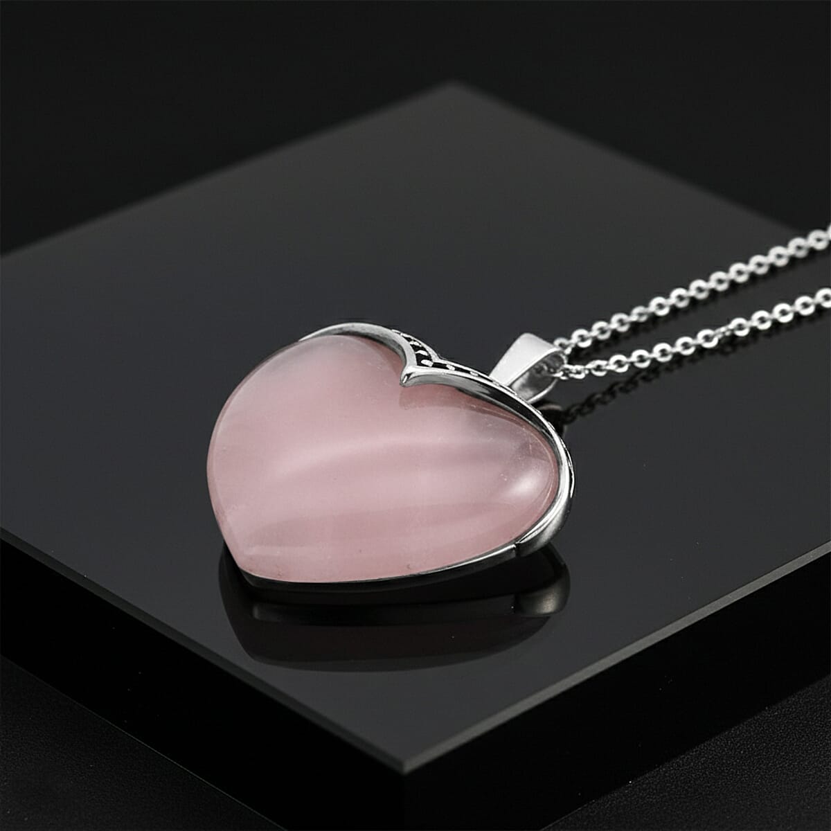 Galilea Rose Quartz 20.00 ctw Heart Pendant in Silvertone with Stainless Steel (20-22 Inches) image number 1