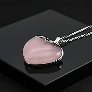 Galilea Rose Quartz 20.00 ctw Heart Pendant in Silvertone with Stainless Steel (20-22 Inches)