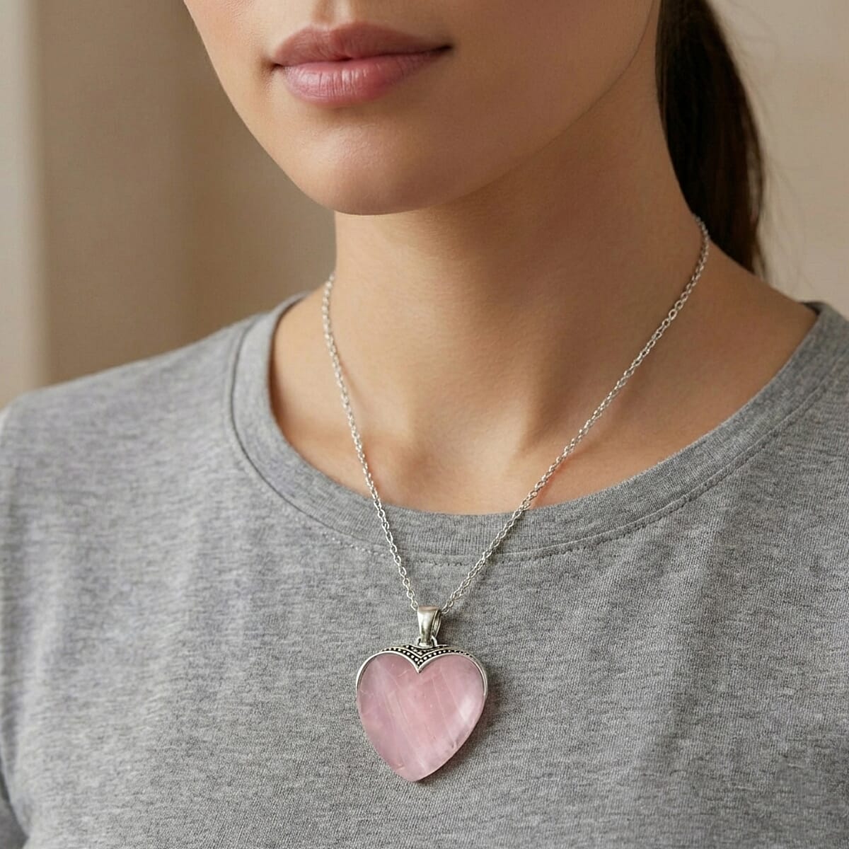 Galilea Rose Quartz 20.00 ctw Heart Pendant in Silvertone with Stainless Steel (20-22 Inches) image number 2