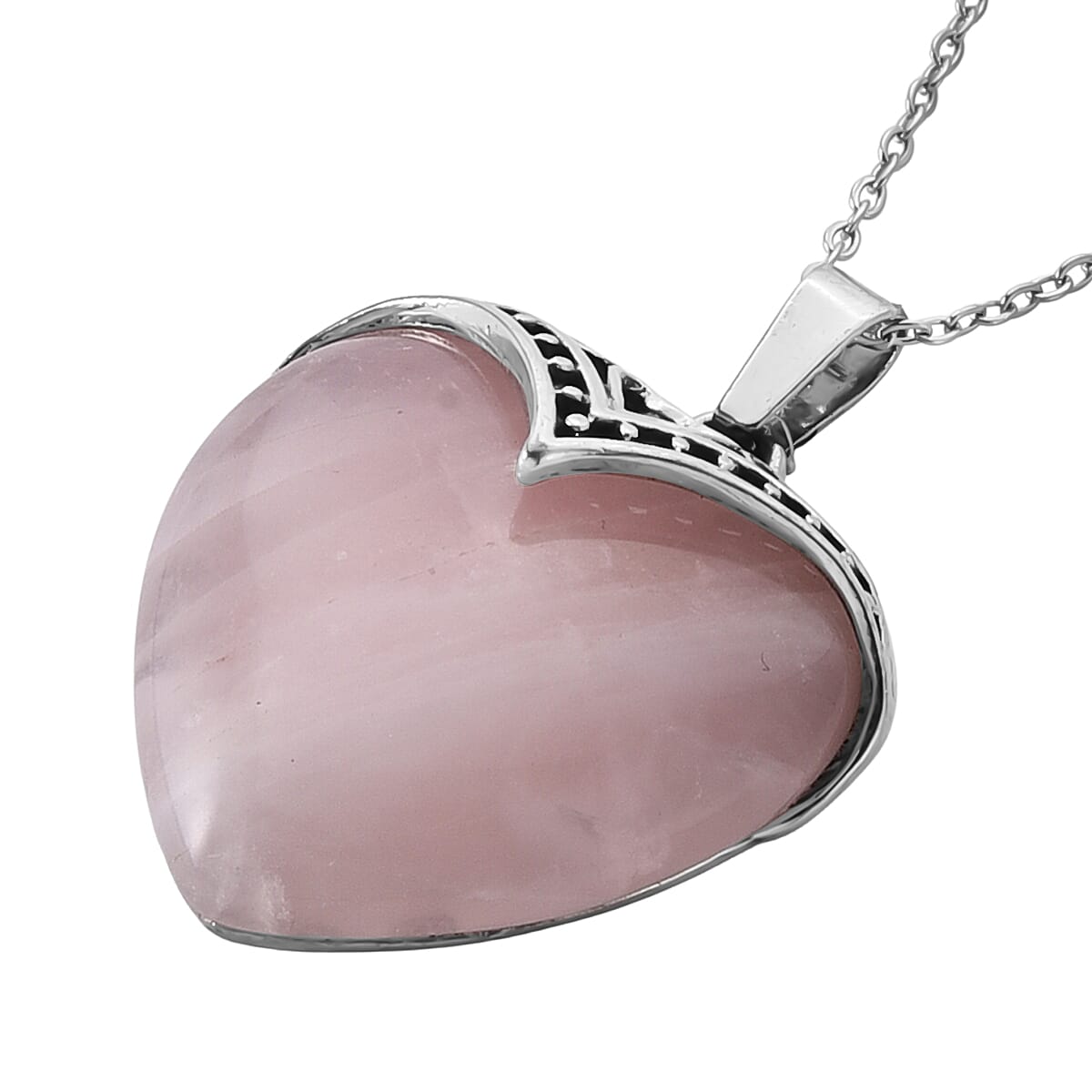 Galilea Rose Quartz 20.00 ctw Heart Pendant in Silvertone with Stainless Steel (20-22 Inches) image number 3