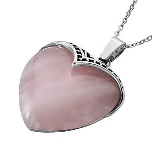 Galilea Rose Quartz 20.00 ctw Heart Pendant in Silvertone with Stainless Steel (20-22 Inches)