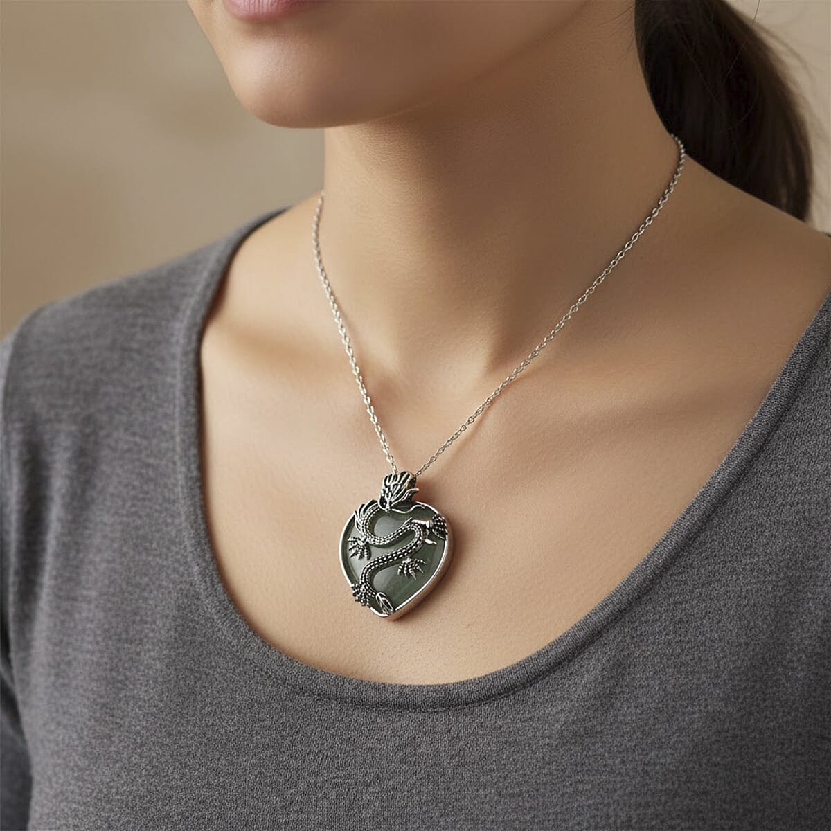 Green Aventurine 20.00 ctw Heart Pendant in Silvertone with Stainless Steel (20-22 Inches) image number 2