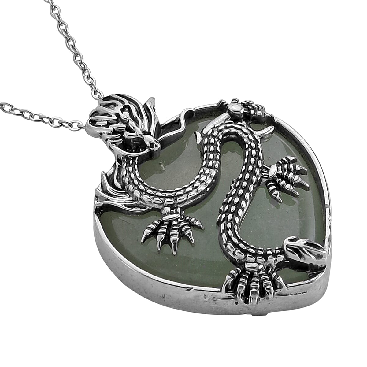 Green Aventurine 20.00 ctw Heart Pendant in Silvertone with Stainless Steel (20-22 Inches) image number 3