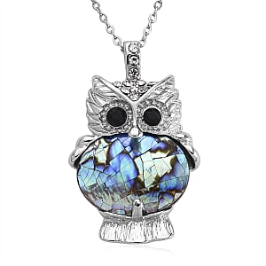 Abalone Shell, Black and White Austrian Crystal Owl Pendant in Silvertone with Stainless Steel Necklace 20-22 Inches